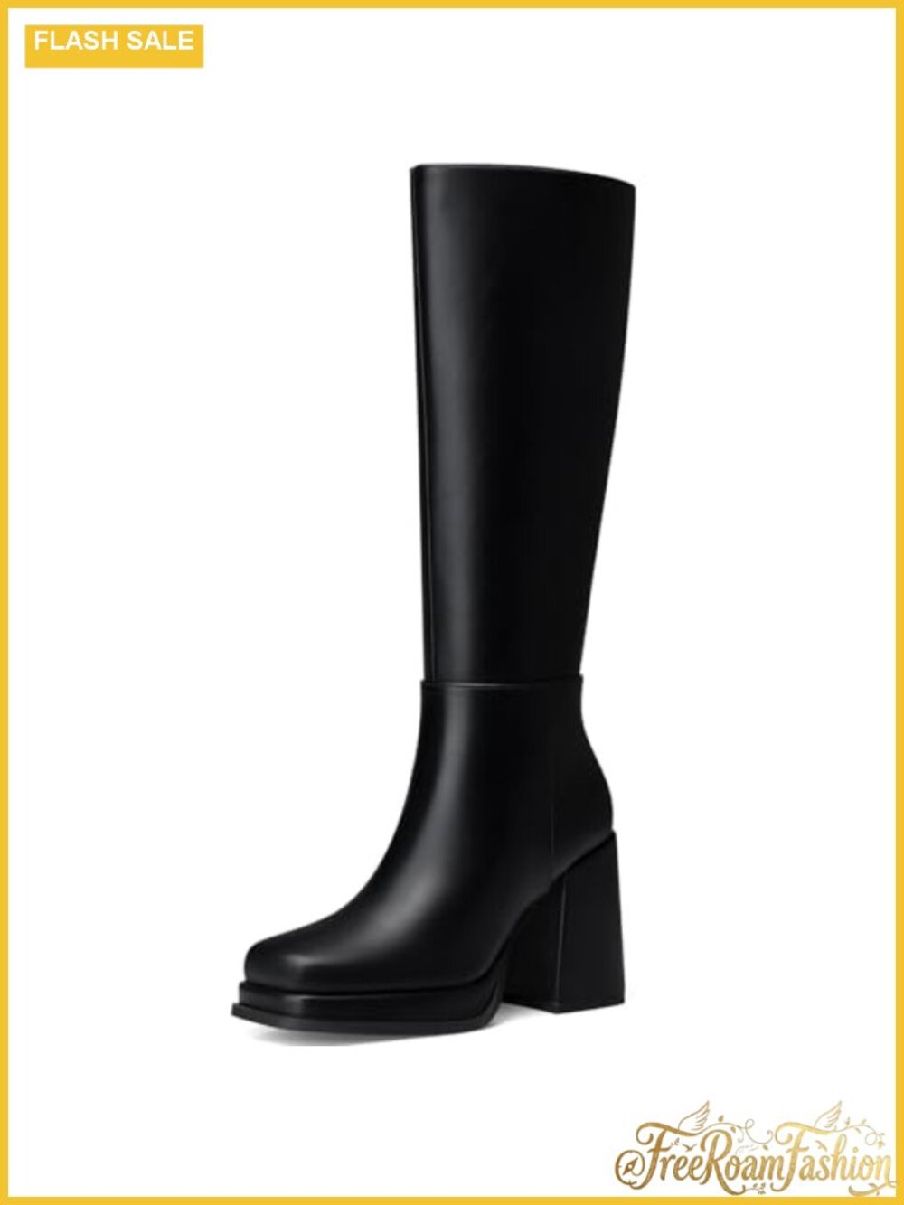 Knee High Boots 3.5 Inch Platform Chunky Block Heel Square Toe Side Zip PU